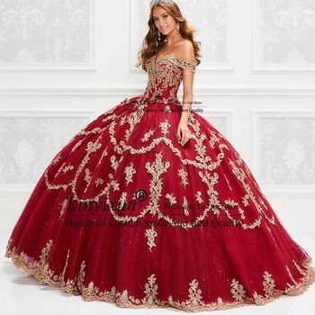 2021 Prekrasne Bujne crvene haljine sa zlatnim aplikacija i šljokicama čipka-up Loptu haljina Haljina za prom Vestido De Festa Slatko haljina 16