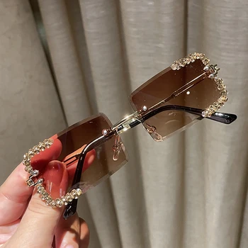 2021 Vintage naočale Za žene Brand-dizajner Ručni rad sa štrasom Sunčane naočale rimless Rezanje leće Ženske naočale