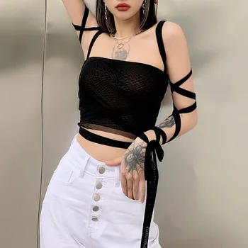 2021 Y2k Gothic Punk Crne ženske majice čipka-up s otvorenim leđima Oblikovana skraćeni vrhovima Emo Alternativne odjeće Moderan ljetna vanjska odjeća