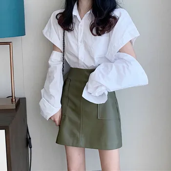 2021 Ženski ljetni kostim iz dva dijela s dugim rukavima, odbačenost ovratnik, plava low-cut bluzu i suknju od prave kože u korejskom stilu, ženski kompleti