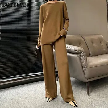 BGTEEVER Elegantan ženski pletene komplet rez na vratu Džemper dugih rukava Skakači i široke hlače s elastičan struk 2021 Jesen-zima
