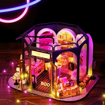 DIY Casa Drvena Kućica za lutke Set Minijatura s Namještajem Book Caffe Shop Vikend Kuća Lutaka Igračke za Djevojčice Odrasle Božićni Pokloni