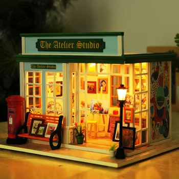 DIY Drvena Kućica za lutke Studio Slikarstva Lutkarske Kuće s Kompletom Namještaja Casa Sklapanje Igračaka za Djecu za Dječji Božićni poklon