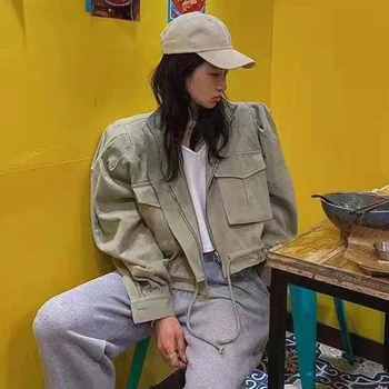 GALCAUR Svakodnevne kolaž jakne Ženska odjeća Ovratnik s lapels s bujnim rukava Kaput na pertla Ženska korejski moda 2021 Jesen Nova