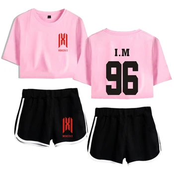 Hip-hop Kawaii MONSTA X Dew pupak Sportski kostimi za djevojčice Moderan mladi kit od dva dijela Ljetne strme ženske seksi gaćice+prekrasna majica