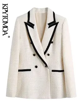 KPYTOMOA Ženska moda s kontrastnim ivica Tvida blazer Kaput Vintage Džepa s dugim rukavima Ženska gornja odjeća Šik Весте Femme