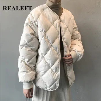 REALEFT 2021 Zimske dolje jakne sa pamučnom postavom elegantne Ženske ravnici dugi rukav od pamuka sa dijamant-rešetkom Ženske topli kaput