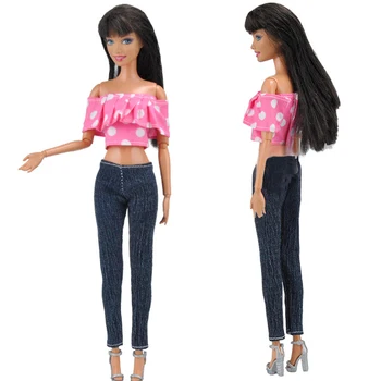 Roza Odjeće u privatnim kućama za Lutke Barbie, Odijevanje Kratki Top Duge Traperice od Svile Jeans hlače Hlače Ručno DIY Igračka Najbolji poklon