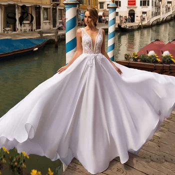 SoDigne 2021 Satin vjenčanica Boho s čipkastim aplikacije Deap V-izrez u obliku Seksi svadba haljina s otvorenim leđima Princeza Donje vjenčanica
