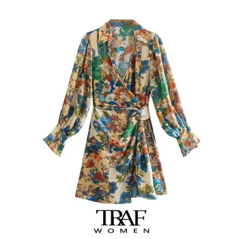 TRAF Za Ženska moda s завязанным cvjetnim ispis Mini Vintage haljina S dugim rukavima na strani Munje Ženske haljine Vestidos Mujer