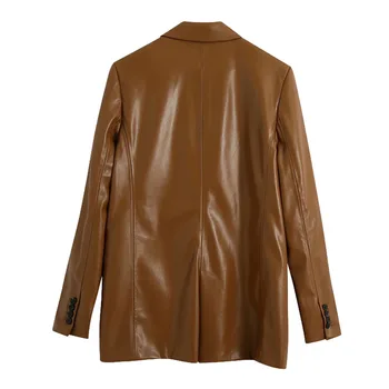 ZA Za žene 2020 Funky smeđa kožna jakna na jedan preklopni Vintage s dugim rukavima i džepovima odjeća Donje elegantan kaput Vrhovima