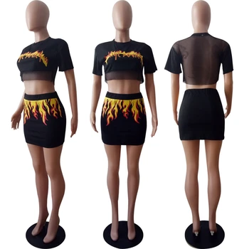 ZOOEFFBB Komplet od 2 predmeta Za žene s po cijeloj površini vatre, plamen Iza Prozirne seksi mrežaste skraćene top mini suknja Klupska odijelo od dva kompleta
