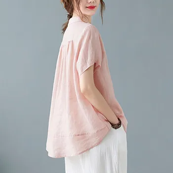 Ženska pamučna posteljina Svakodnevne košulje Novi dolazak 2021 Ljeto Jednostavan je Stil Vintage jednobojnu Slobodne ženske Majice kratkih rukava B1015