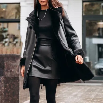 Ženska zimska moda topla jakna od umjetne kože s umjetnim krznom, crni dugi kaput, Uredski dama, munja, zapadna punk-gotička gornja odjeća, mlada djevojka