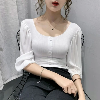 Ženske Berba bijele bluze 2020 Modni Svakodnevne sa zelenim rukavima crne ženske majice Korejski odjeća вязаная tanka seksi jesenski bluza