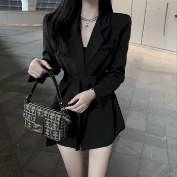 Ženske proljetne jakne 2022 Elegantna bijela crna Uredski odjeća s pojasom Odijelo Blazer Kaput s dugim rukavima Ženski blazer Haljina za žene