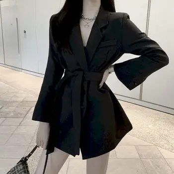 Ženske proljetne jakne 2022 Elegantna bijela crna Uredski odjeća s pojasom Odijelo Blazer Kaput s dugim rukavima Ženski blazer Haljina za žene 2