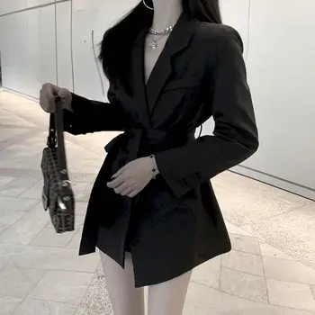 Ženske proljetne jakne 2022 Elegantna bijela crna Uredski odjeća s pojasom Odijelo Blazer Kaput s dugim rukavima Ženski blazer Haljina za žene 4