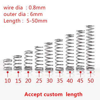 10 kom./lot 0,8 mm 0,8x6 mm Opruga kompresije od nehrđajućeg čelika promjer žice 0,8 mm vanjski promjer 6 mm dužina 10-50 mm