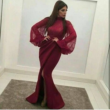 Arapski Dubai Tamnocrvena Visok Izrez Čipke, haljine Sirena dugi rukav Satiny rez Dužine do poda Duga haljina za prom robe de soiree