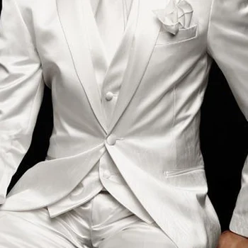 Bijelo Vjenčanje muško odijelo Tuxedos za mladoženju 2021 Slim Fit Maturalnu večer Na red Satin Muška odijela Jakna od 3 komada Hlače, Prsluk Muški blazer 0