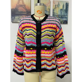 Boem prugasta tiskano slatki pletene džemper Zimska odjeća Kardigan dugih rukava Donje kaput Modne estetski Ženske majice 0
