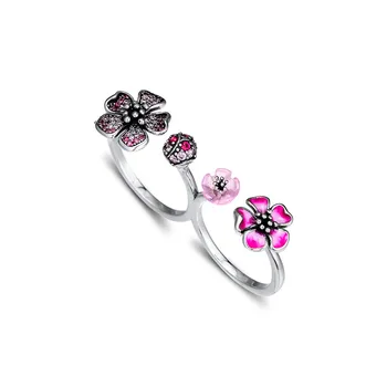 Breskvin Cvijet Cvijeće Prsten Nakit 925 Sterling Srebra Prsten za Žene Mješoviti Pink Emajl Dvostruki Otvoreni Prstenje Nakit Pribor