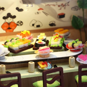 DIY Minijaturni lutkine Kit Vintage 3D Model Zgrade Japanski Sushi-restoran Poklon Za Rođendan Veliki Drveni Namještaj za lutke kuće 0