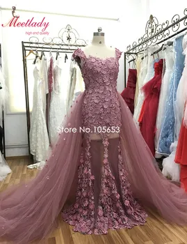 Elegantan čipkan večernja haljina Sirena S odvojivim vlak s kratkim rukavima robe de soiree 2020 Elegantan 3D Cvijeće Vestido De Noche