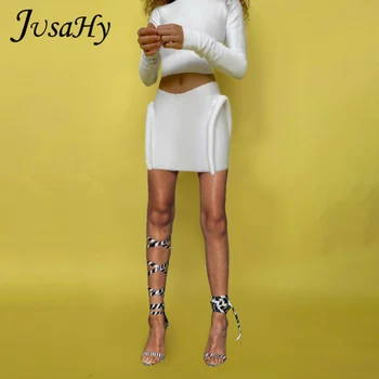 JuSaHy Ravnici pletene ženske kompleti iz dva predmeta s dugim rukavima, skraćeno top i mini-suknje s 3D ispis Srtip, odgovarajuća odjeća Vanjska odjeća 0
