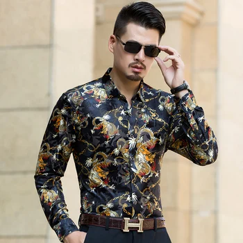 Novi dolazak gospodo 2017 jesen prozirne košulje dugih rukava kineski zmaj odjeća muška seksualna šuplje zlatni baršun košulja