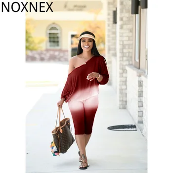 NOXNEX Gradient print Kompleti iz dva predmeta za žene Sportski kostim na jedno rame s dugim rukavima Slobodan top Uske hlače Odjeća za odmor S-4XL