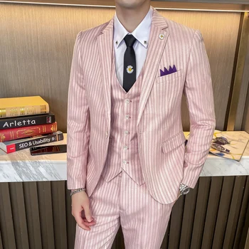 Plyesxale Ružičasto-žute prugasta Muška Odijela za Vjenčanje 2020 Slim Fit odijelo od tri dijela homme mariage Casual odijelo za maturalnu Q768