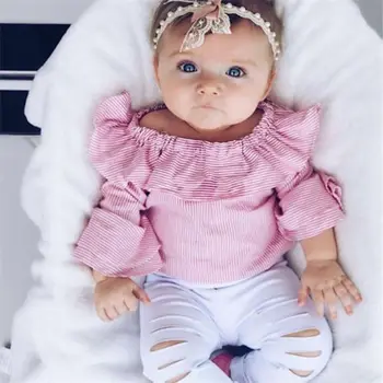 Pudcoco 2020 Odjeća za novorođenče novorođenče djevojčice Kit Pink Kombinezon s otvorenim ramenima +Bijeli poderane Traperice Hlače Odjeću Odjeća