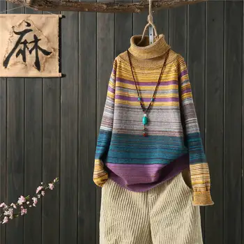 Pulover s visokim воротом free ženski pulover jesen i zima nova moda top prugasti džemper lijeni majica sa dnom u stranoj stilu 0