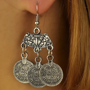 Stare Antičke Srebrne Boje Šuplje naušnice-ovjes s kovanicama za žene s metalnom četkom, Viseće naušnice Pendientes