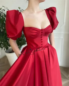Tamno Crvene kratke večernje haljine 2021 Атласное jednostavna haljina za prom dužine do čaja sa bujnim rukav разрезными bočne tipke Robe de Soriee