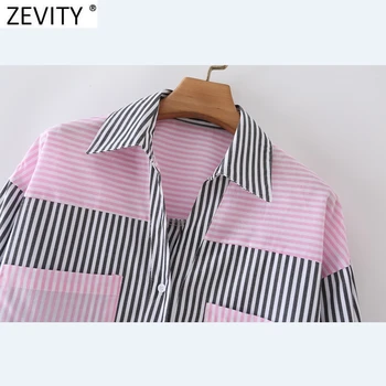 Zevity Za žene Vintage Patchwork prugasta s po cijeloj površini Casual haljinu, Bluzu Office dame Džepni dizajn majica Šik Slobodan bluze Vrhovima LS9582 0