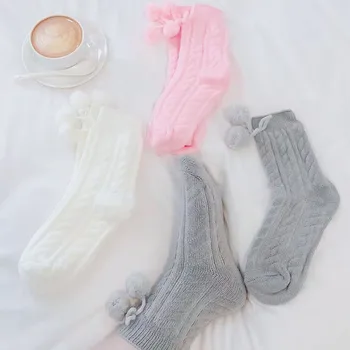 Zimske obložen toplim kukičane ženske čarape s помпоном, ženske čarape srednje dužine, Svakodnevne neklizajući čarape na щиколотке za djevojčice